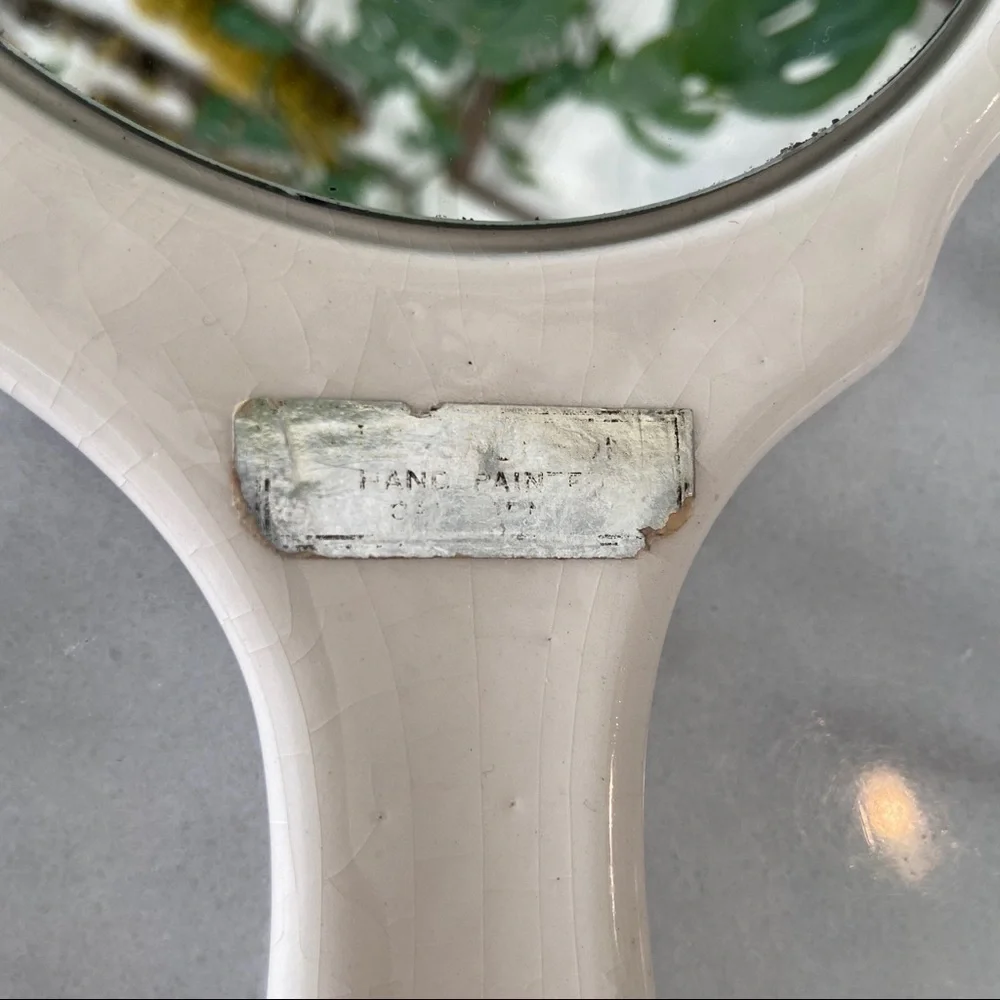 VINTAGE •Cottagecore Ceramic Hand-mirror Floral Hand Painted Vanity Antique