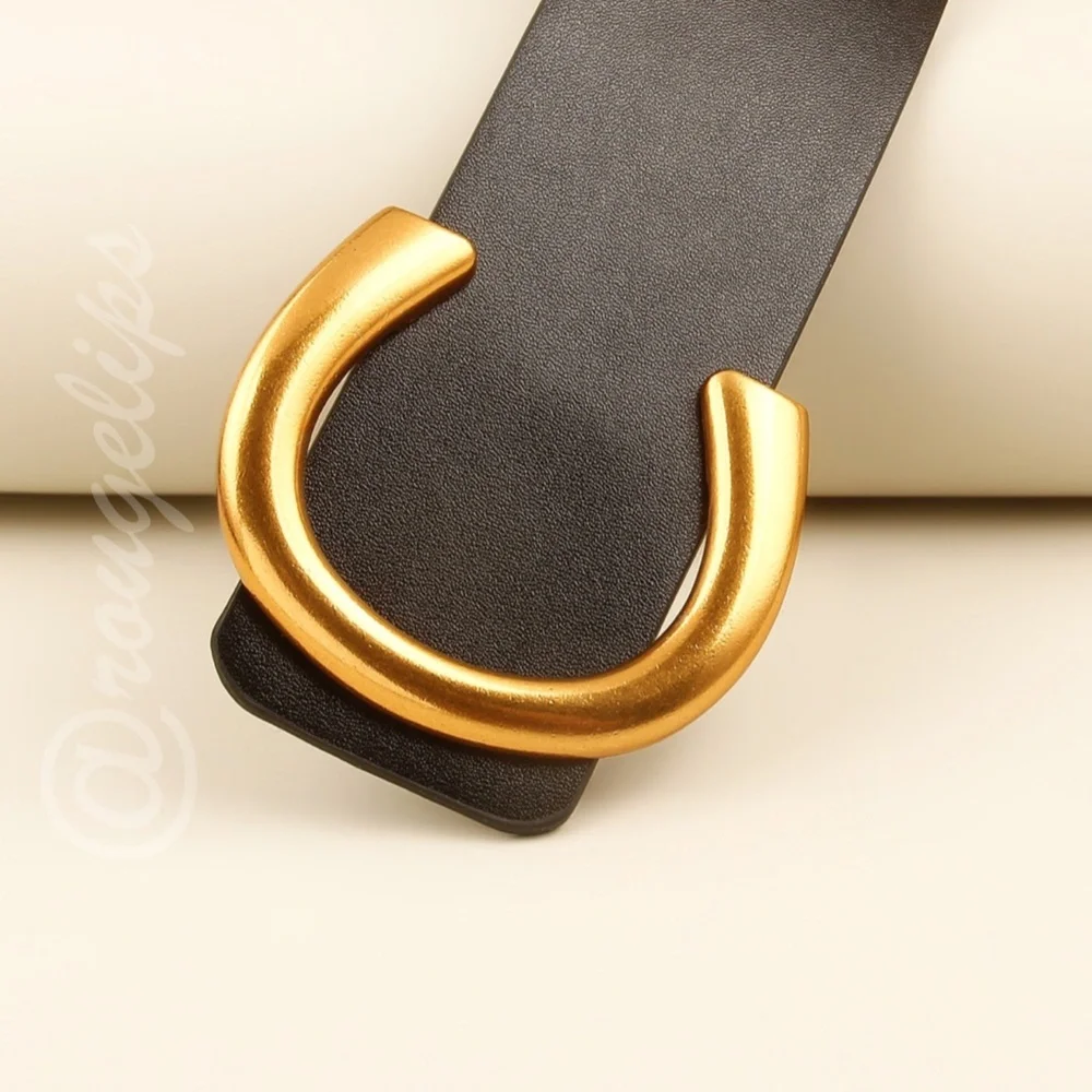 PU Wide Black Belt Gold Tone Horseshoe Buckle