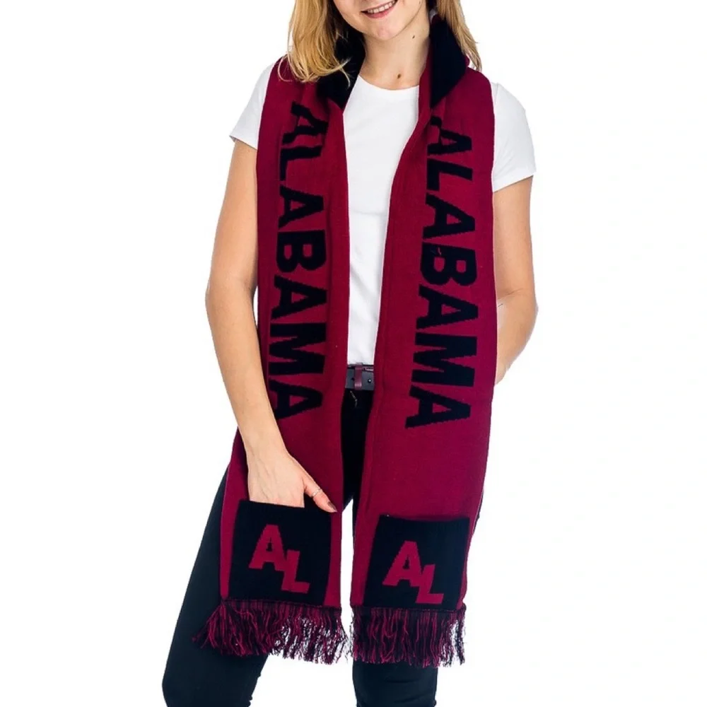 Alabama Crimson Fan Unisex College Football Hooded Fringe Pocketed Winter Scarf