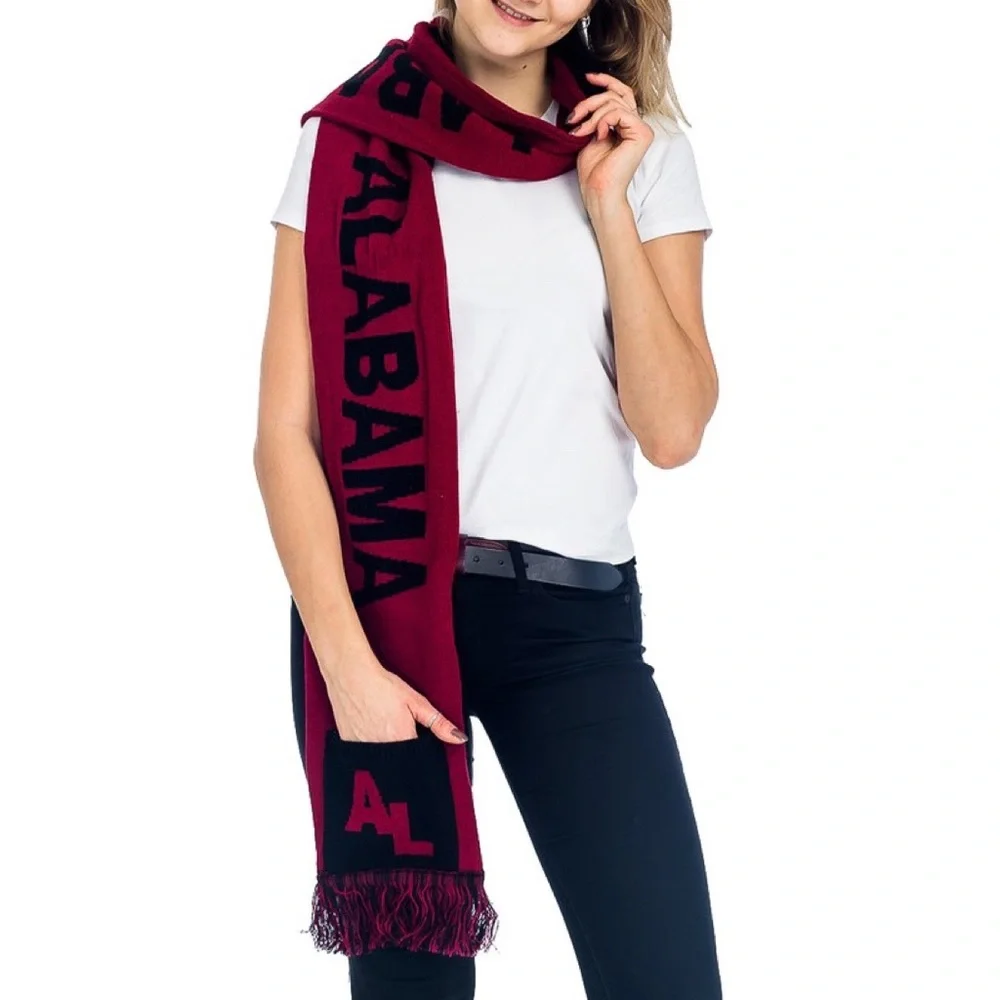Alabama Crimson Fan Unisex College Football Hooded Fringe Pocketed Winter Scarf