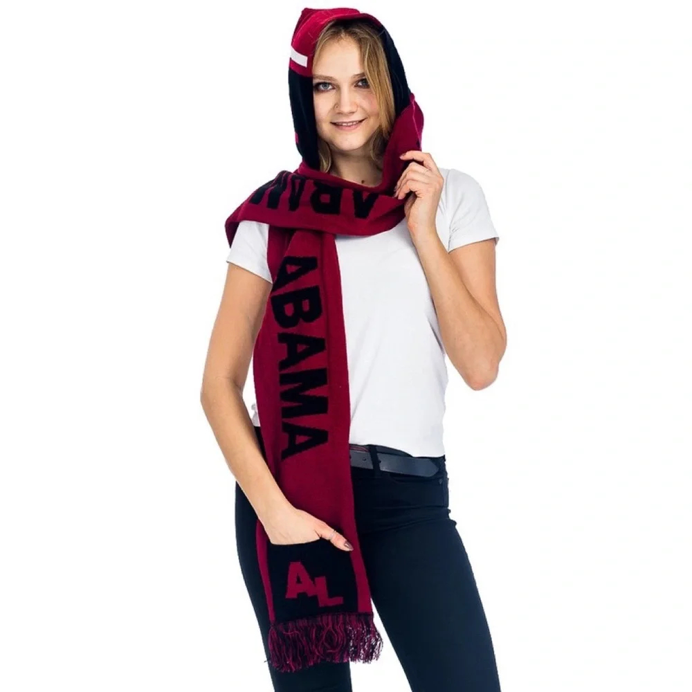 Alabama Crimson Fan Unisex College Football Hooded Fringe Pocketed Winter Scarf