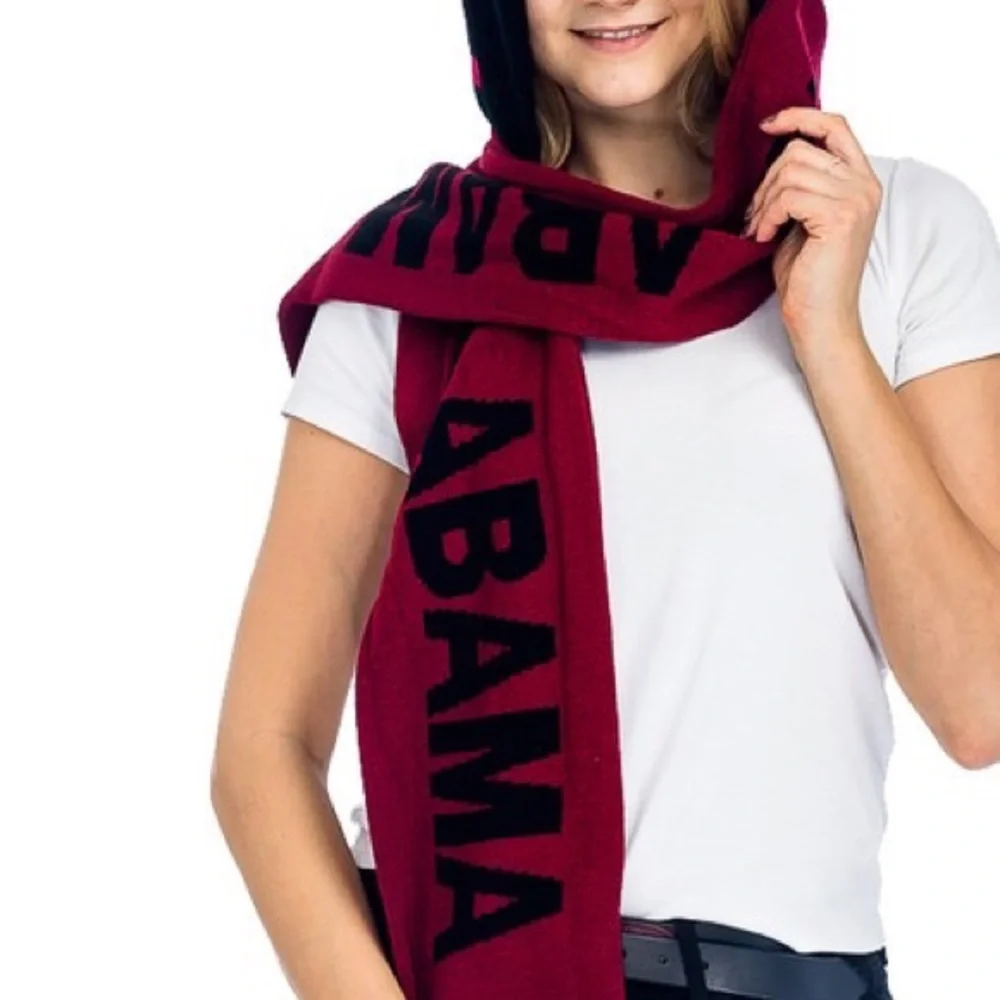 Alabama Crimson Fan Unisex College Football Hooded Fringe Pocketed Winter Scarf