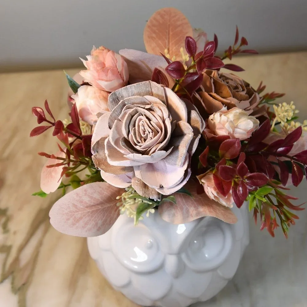 Wise Owl! 4 inch white ceramic owl planter with Sola wood bark rose arrangement