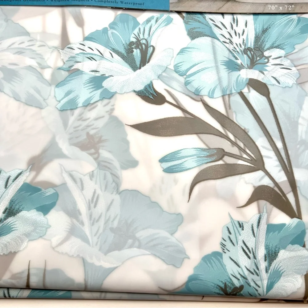 Blue Hawaii Peva Shower Curtain Blue Gray Flowers Leaves Metal Grommets