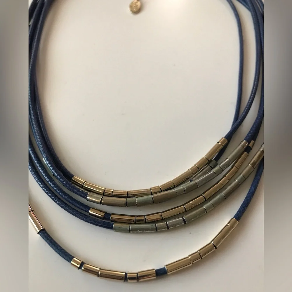 Ann Taylor Loft Multi Strand Leather Collar Necklace Gold Tone Curved Beads.