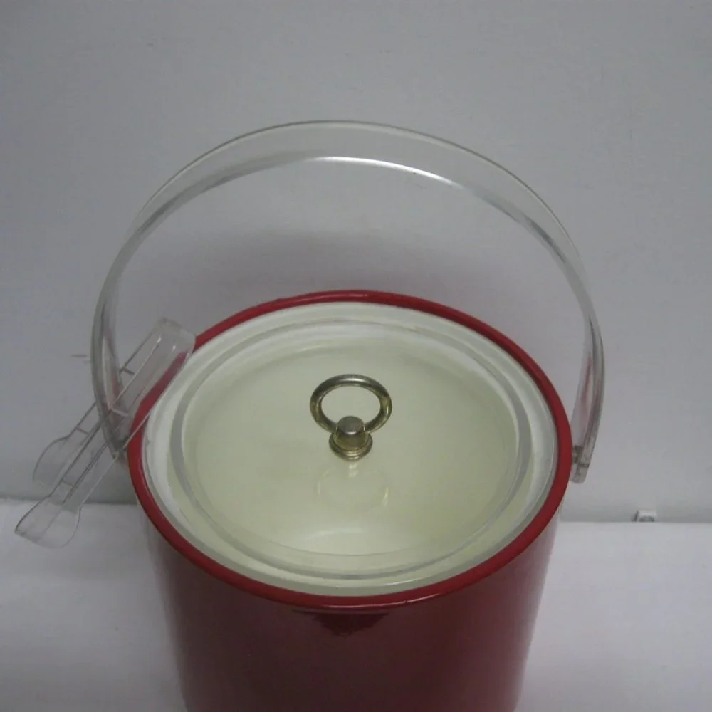 Vintage 60's Retro Lipstick Red Patent Ice Bucket w Lucite Handle & Tongs