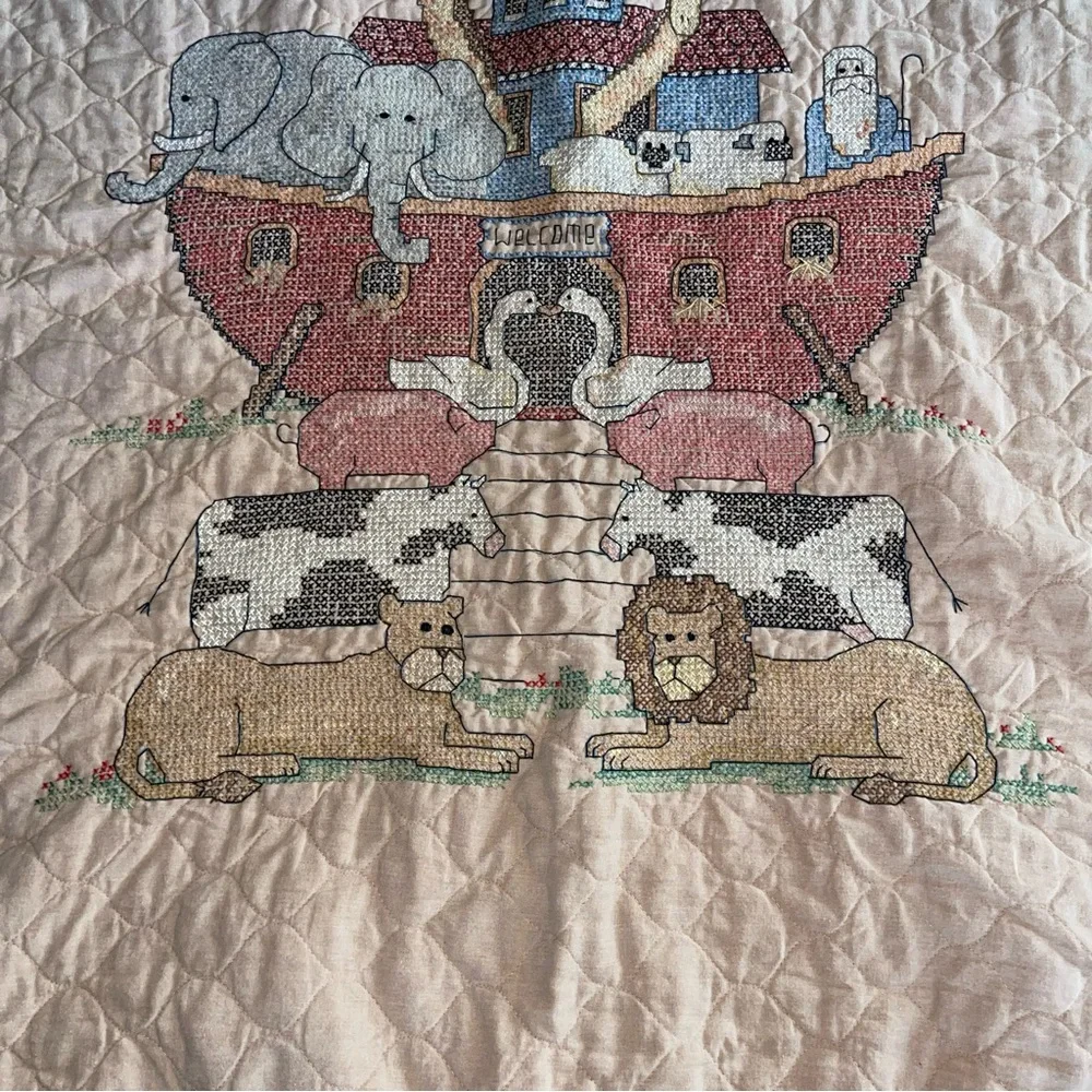 Handmade Baby Quilt Noah's Ark Cross Stitch Vintage 37”x 28” Fleece Lined.