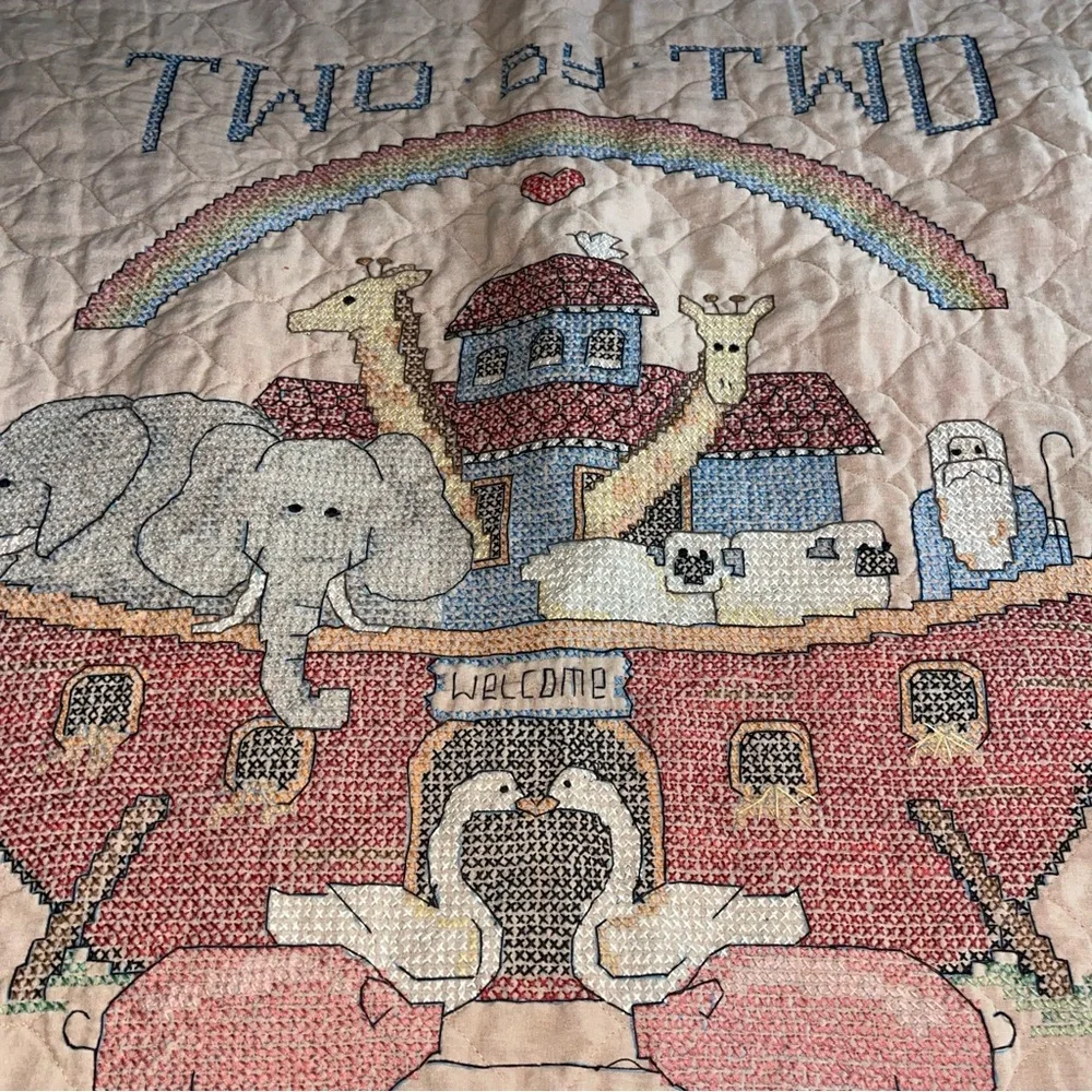 Handmade Baby Quilt Noah's Ark Cross Stitch Vintage 37”x 28” Fleece Lined.