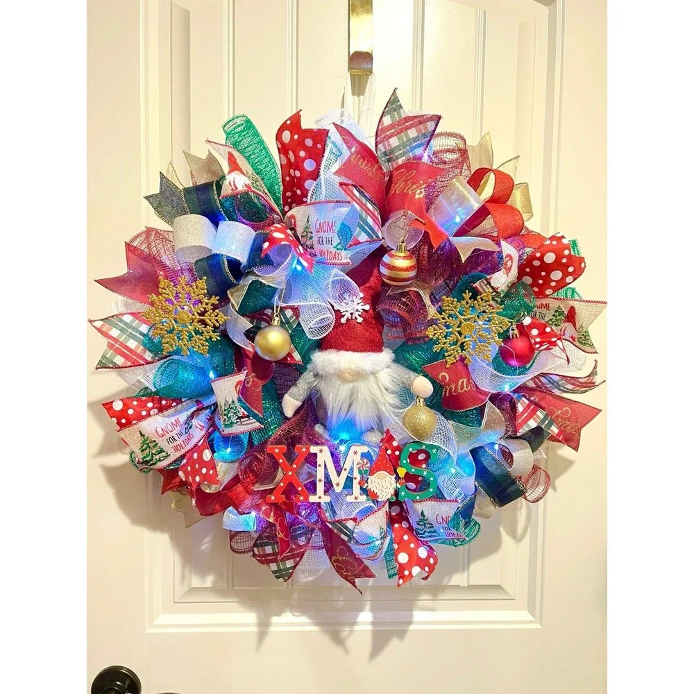 Christmas XMAS Gnome Holiday Ribbon Door Wreath Handmade 22 ins LED W20