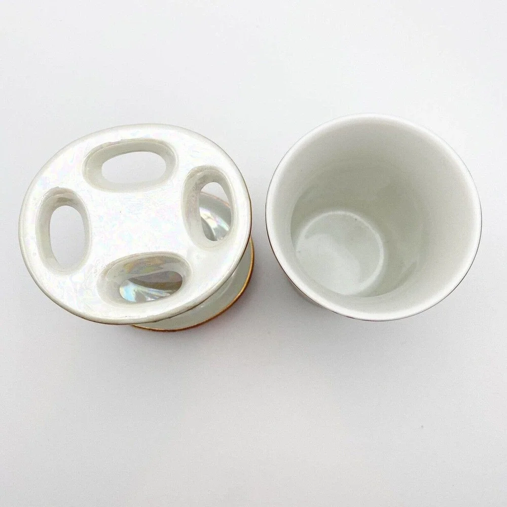 Lusterware Courting Couple Bathroom Set Tooth Brush Holder Soap Dish Cup Gold