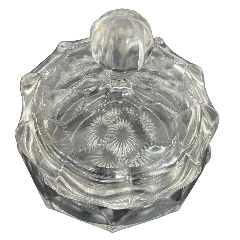 Vintage 1940's Honey Cone pattern Covered Vanity Jar Clear glass