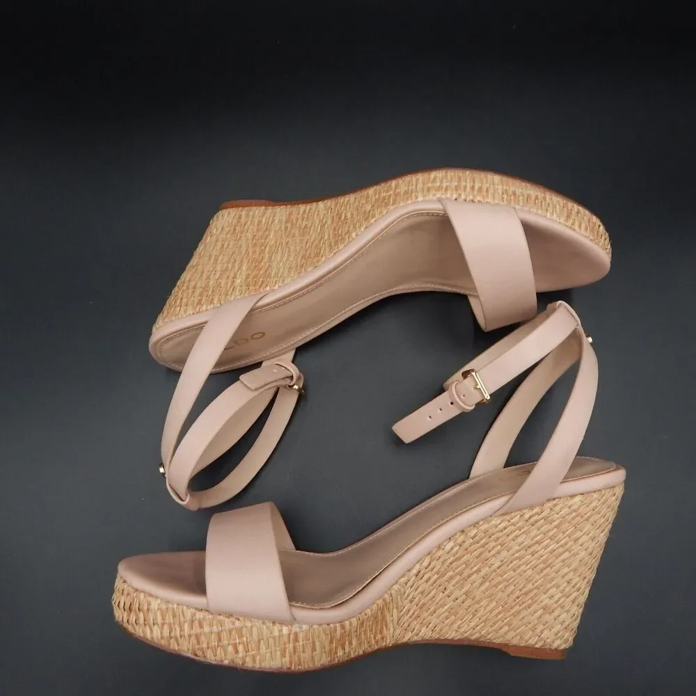 Aldo Legiwien-55 Nude Pink Espadrille Basketweave Wedge Ankle Strap Sz 8-1/2