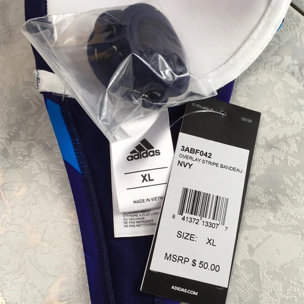 adidas Bandeau Bikini Top Navy, White, Teal,  Bathing Suit Top. Size XL NWT