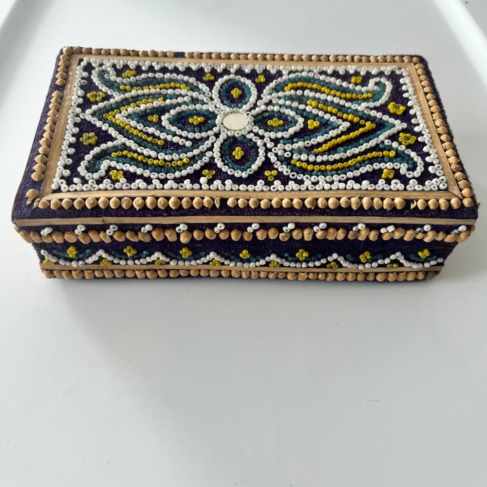 Vintage Blue Trinket Box Art Bead Work Handcrafted