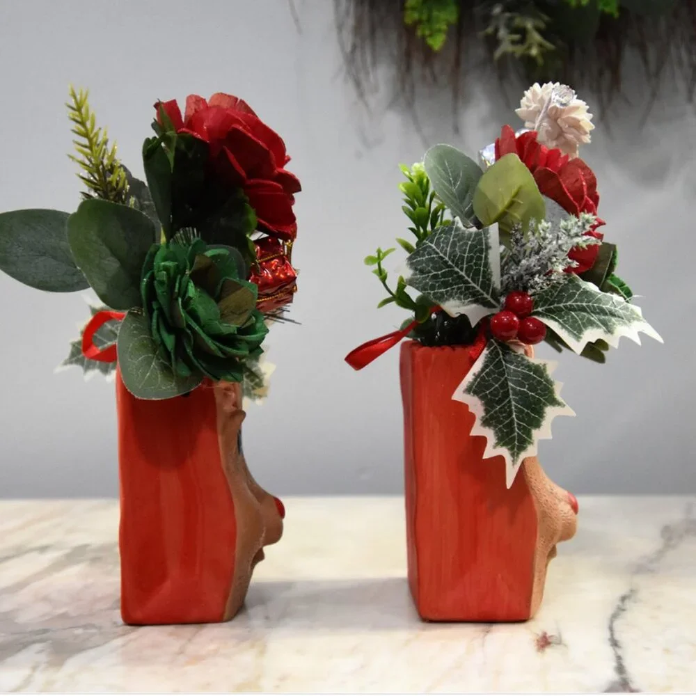 Vintage Rudolph shaped painted pottery with Sola Woods Flower Christmas Holiday