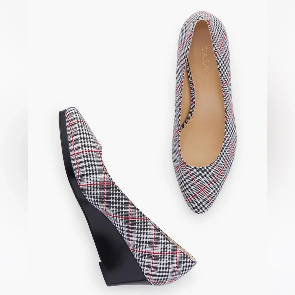 TALBOTS NWOB LACEY PLATFORM WEDGES - RED, BLACK & WHITE PLAID 7.5