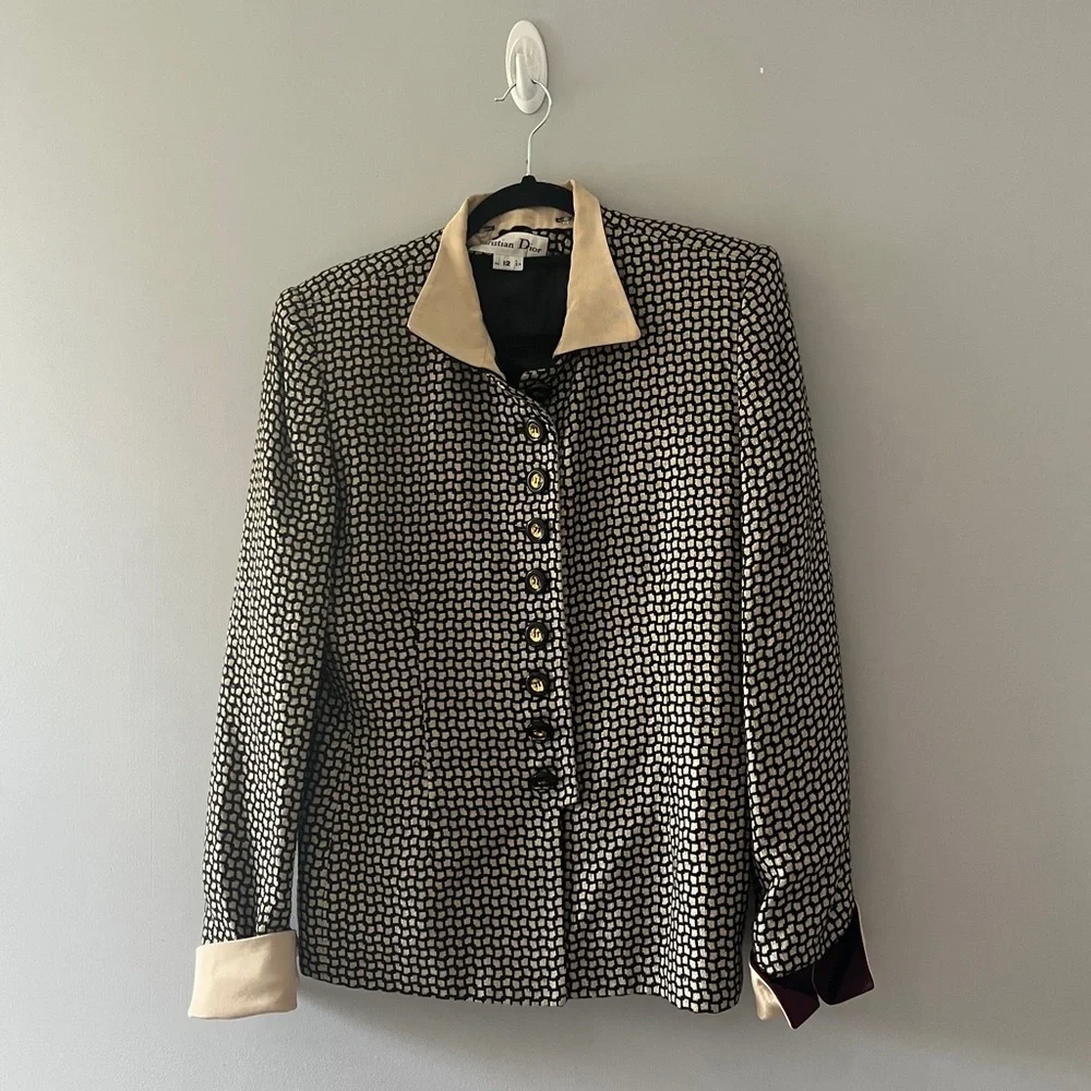 Christian Dior 1990s Black and Cream Woven Check Skirt Suit Set Size 12