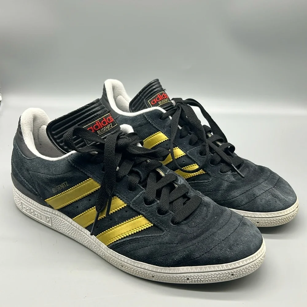Navy Blue Adidas Busentiz Size 10.5 gold stripe