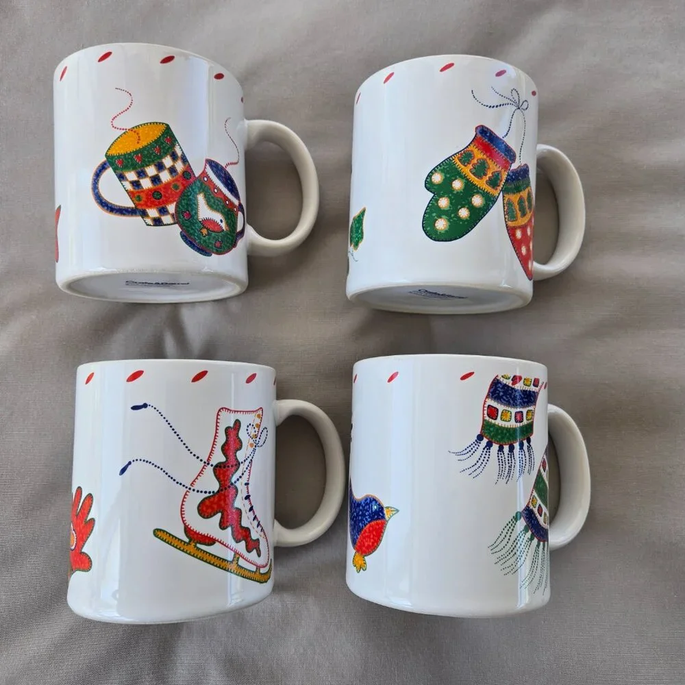 Crate & Barrell Julia Bullmore Set of 4 Christmas Winter Coffee Cups Mugs