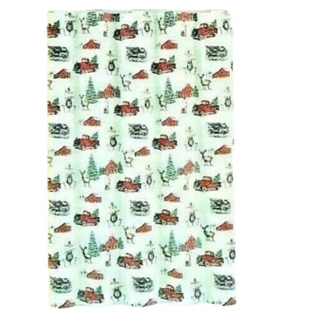 Vintage Red Trucks Shower Curtain Farm Tree Barn Fabric Holiday Christmas NIP