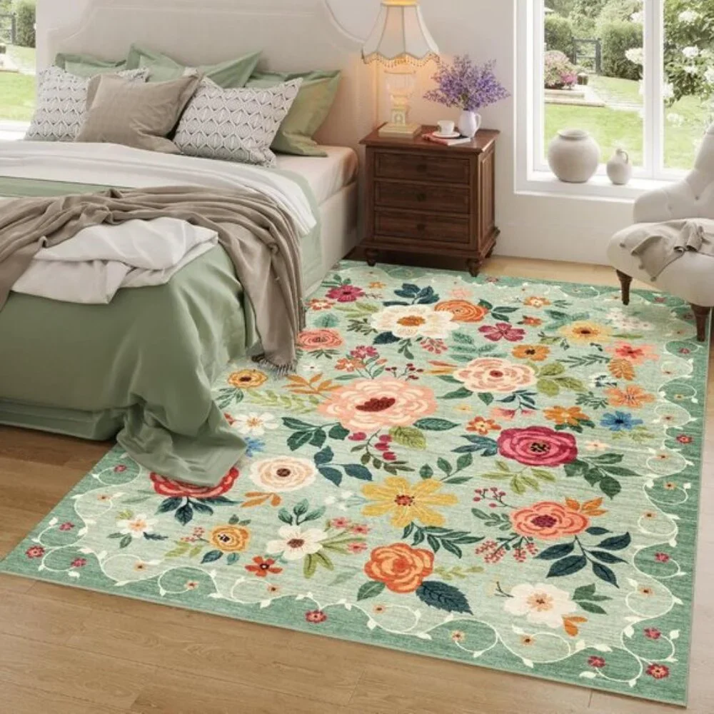 New 2x3 Green Floral Rug, Washable Non-Slip Boho Entryway Carpet for Indoor Use
