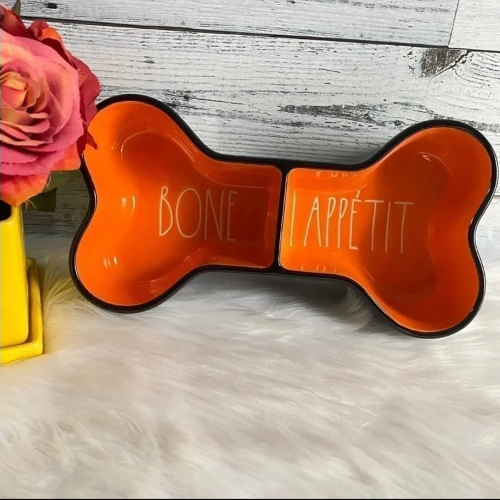 Rae Dunn BONE APPETIT 2 Sided Dog Pet Halloween Fall Bowl