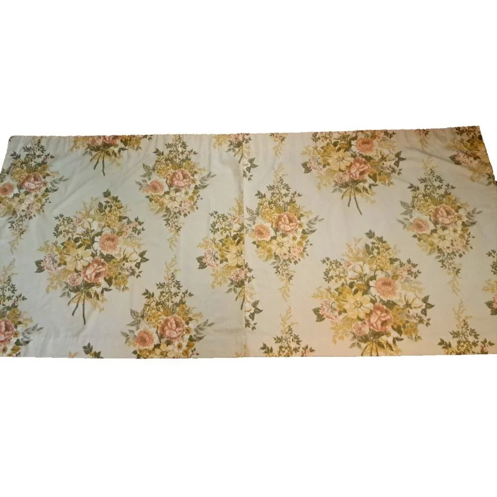 Vintage Curtain Panel Handmade Yellow Pink Floral Rose Bouquet Cottage 80x37