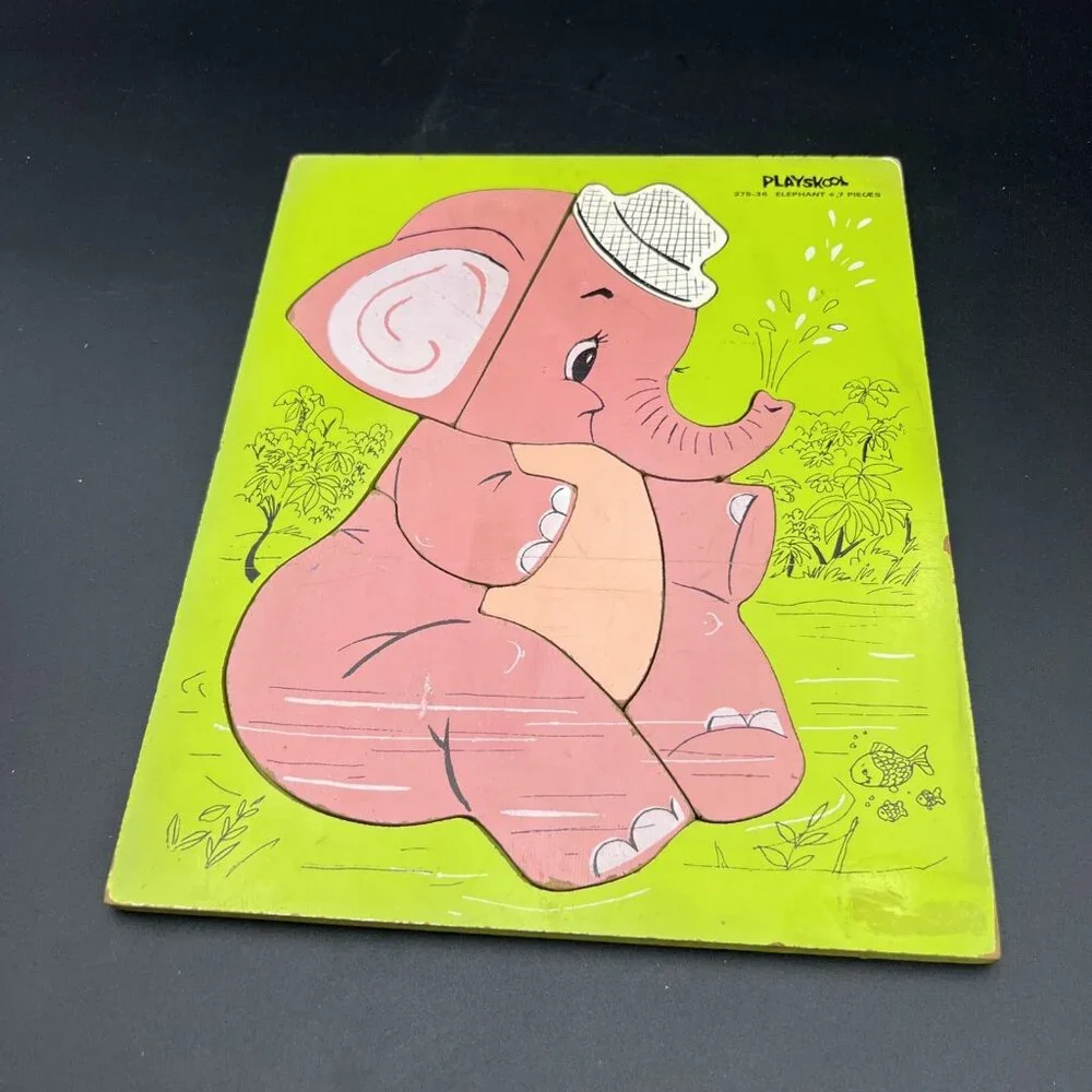 Vintage Green Playskool 275-36 Pink Elephant Wooden Puzzle