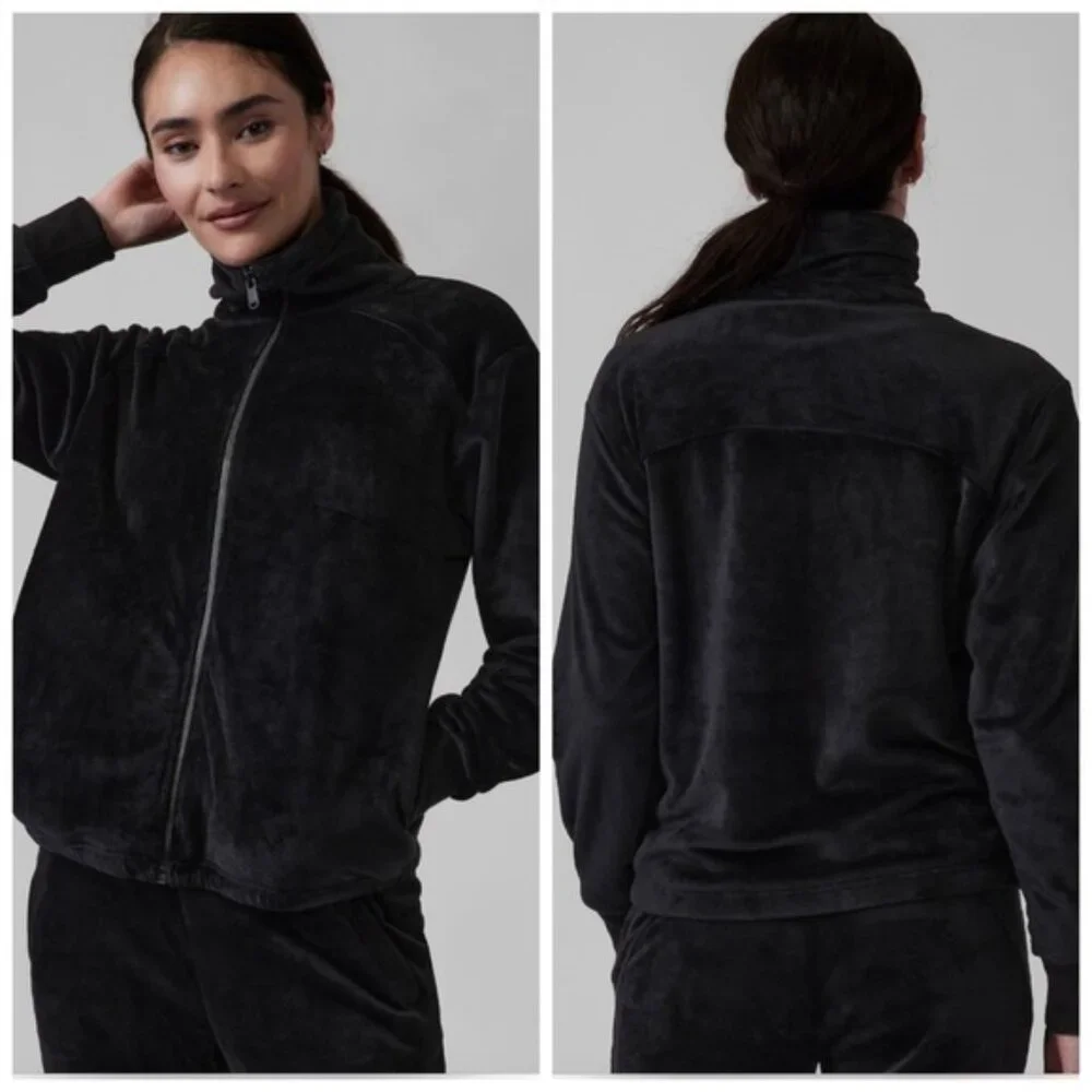 Athleta Women's Black Double Cozy Karma Recover Velvet Bomber Jacket Size L