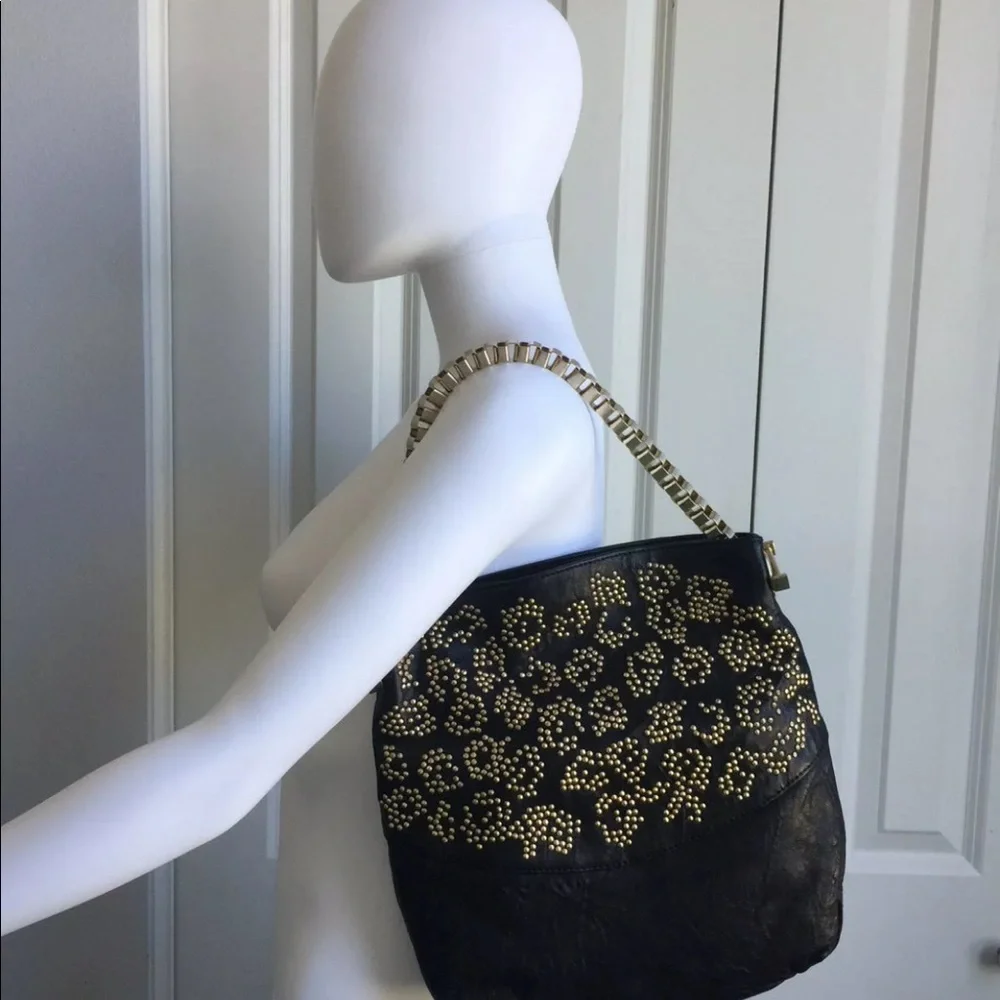 THOMAS WYLDE black gold stud leather leopard print chain strap bag purse