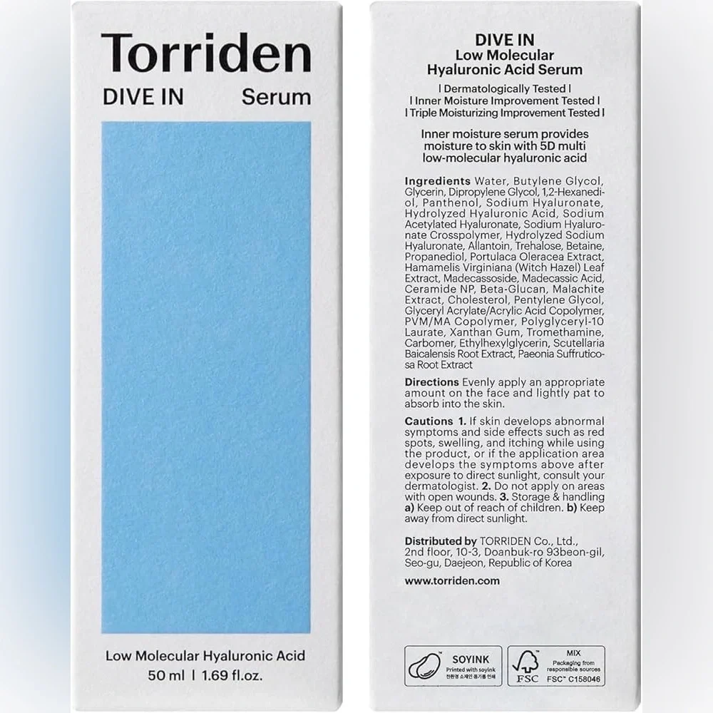 Torriden DIVE-IN Serum Low-Molecular Hyaluronic Acid Serum 1.69 fl oz NEW NWT