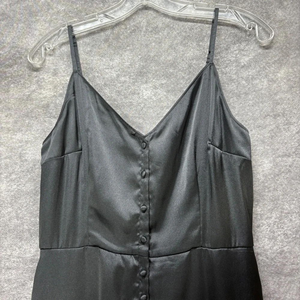 Abercrombie Fitch Black Satin Button Front Midi Slip Dress Size L Smocked Back