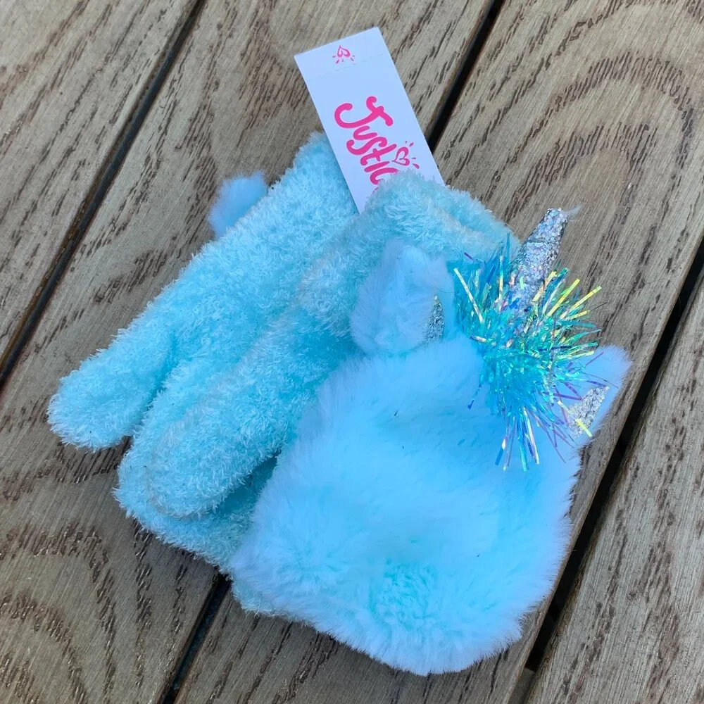 Justice Fuzzy Fingerless Faux Fur Mittens with Unicorn Covering NWT