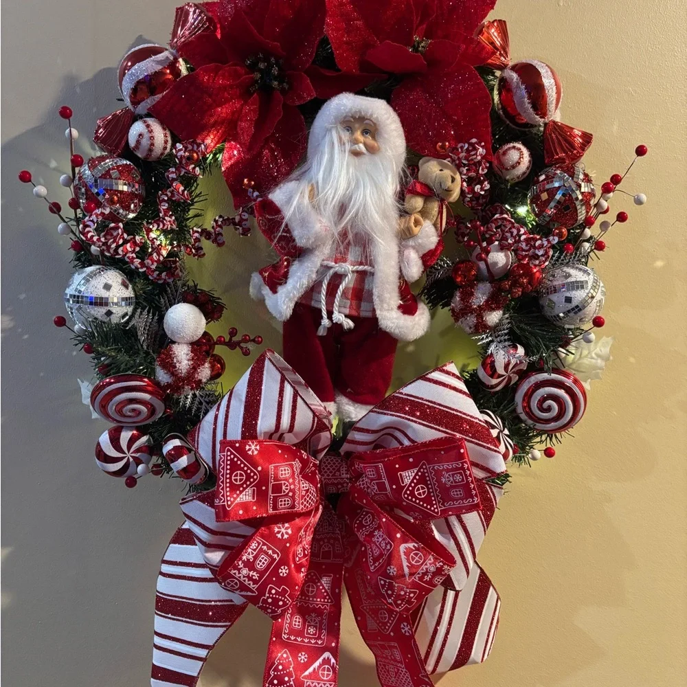 Festive Santa Holiday Wreath with Red Accents