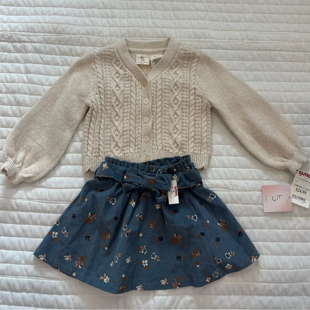 NWT Happily Grey Infant Sparkly Cardigan & Floral Corduroy Skirt Set 18M