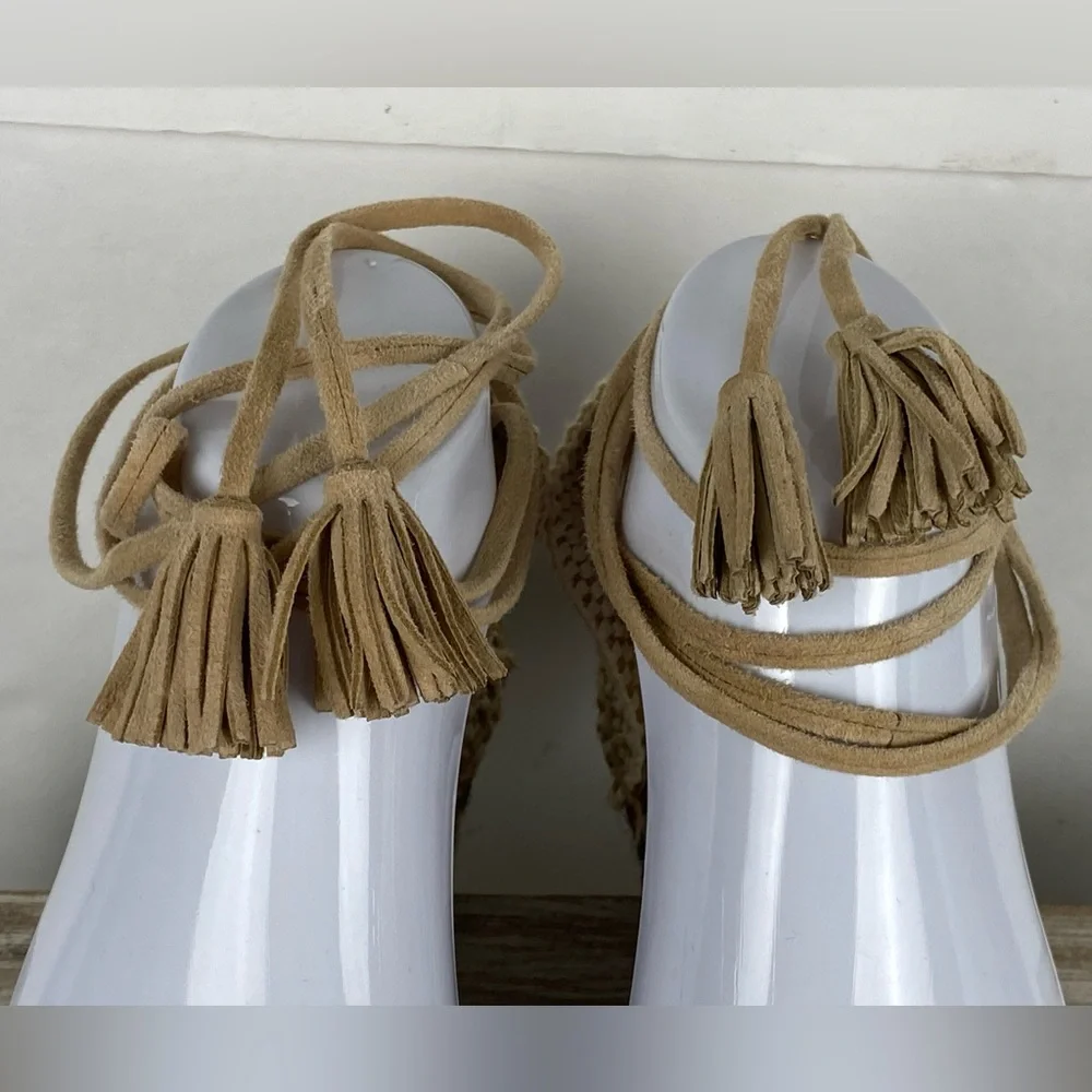 J. Crew Baja desert canyon Suede Flat Espadrilles Sz 9 Lace Up Ankle Ties Beige