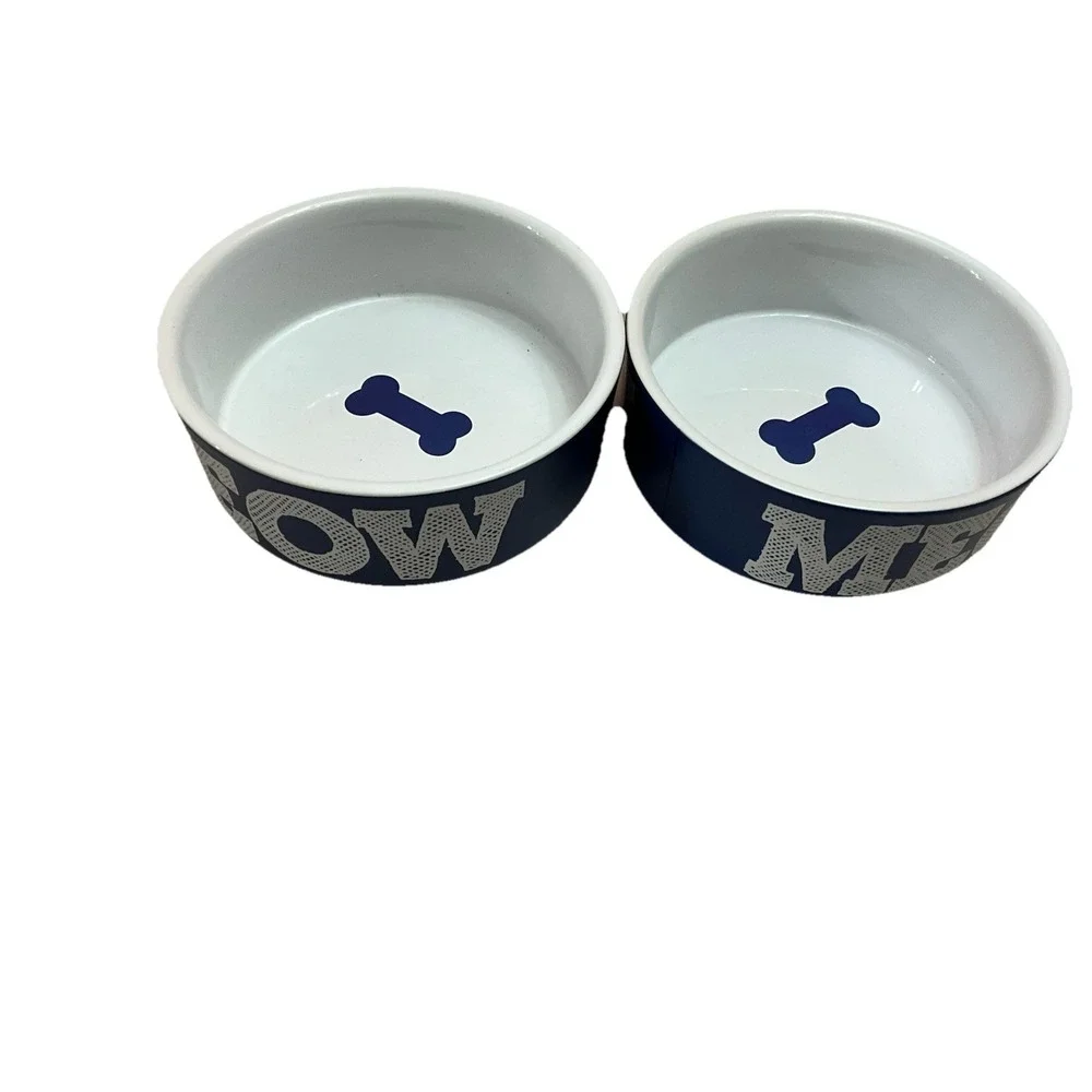 Petroglyph Designs Stoneware Pet Bowls Set of 2 Blue Dog Cat Food Water Dishes
