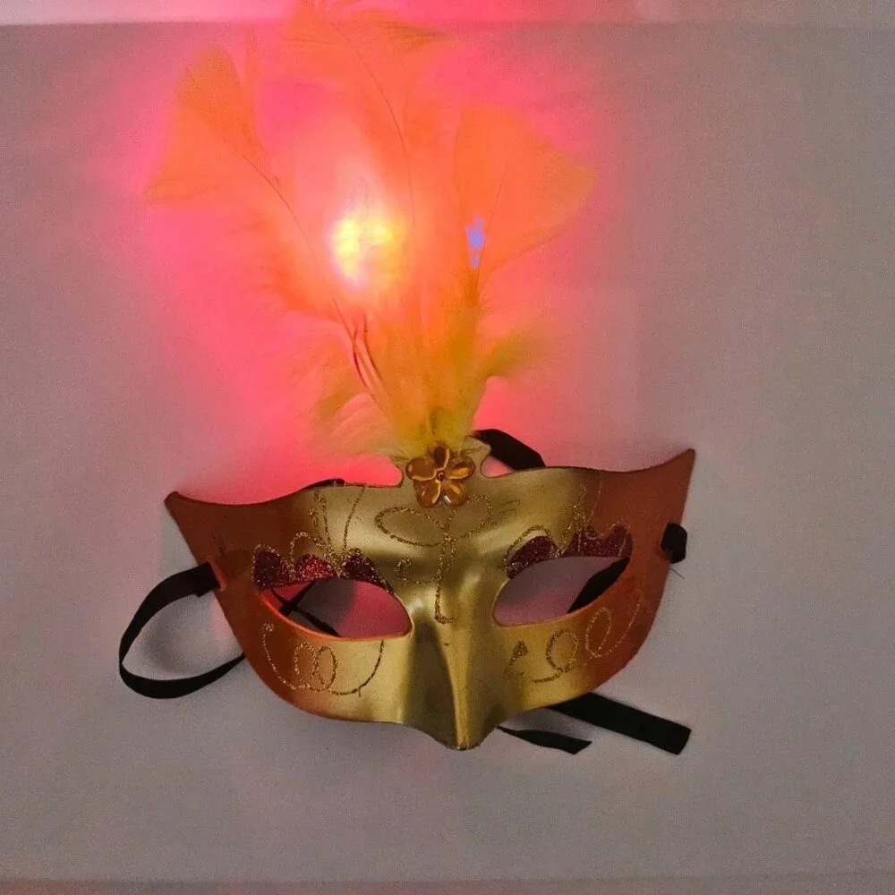 Yellow Faux Feather Mask Party Light Up Face Eye Mask Masquerade Mardi Gras Mask