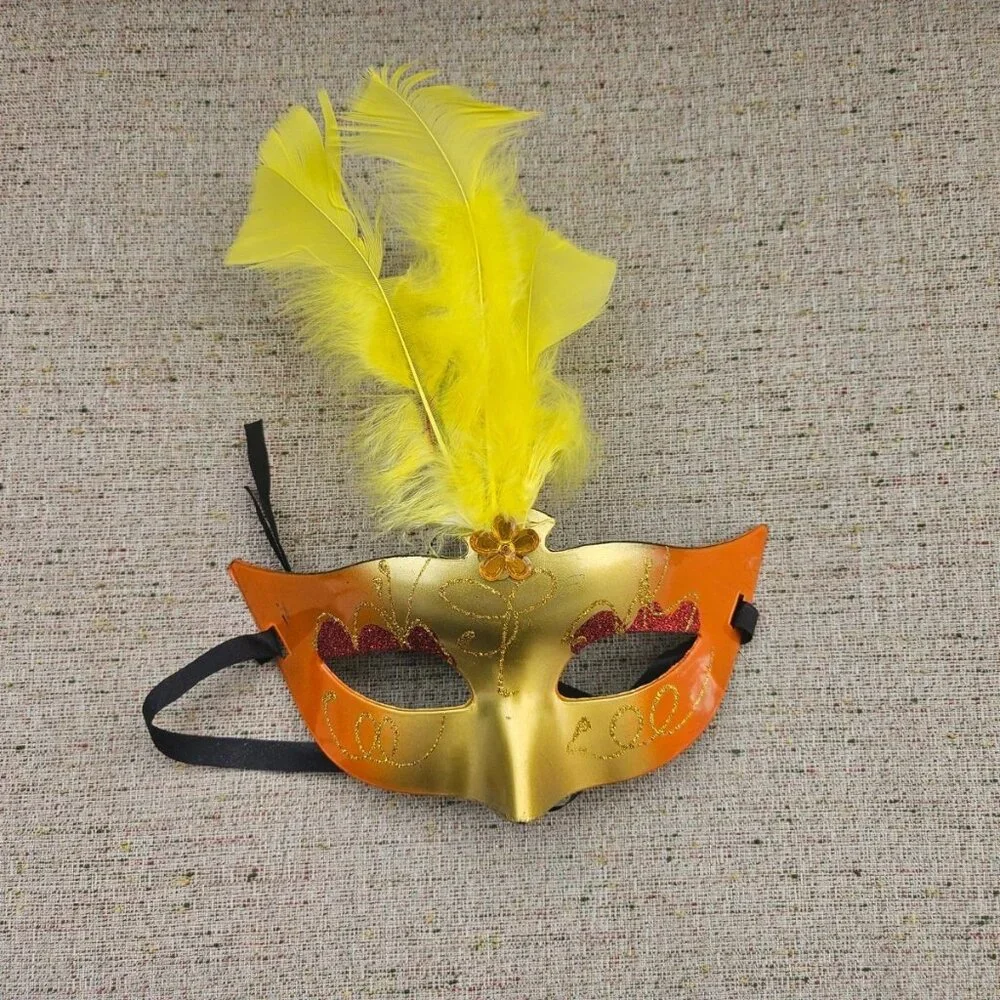 Yellow Faux Feather Mask Party Light Up Face Eye Mask Masquerade Mardi Gras Mask