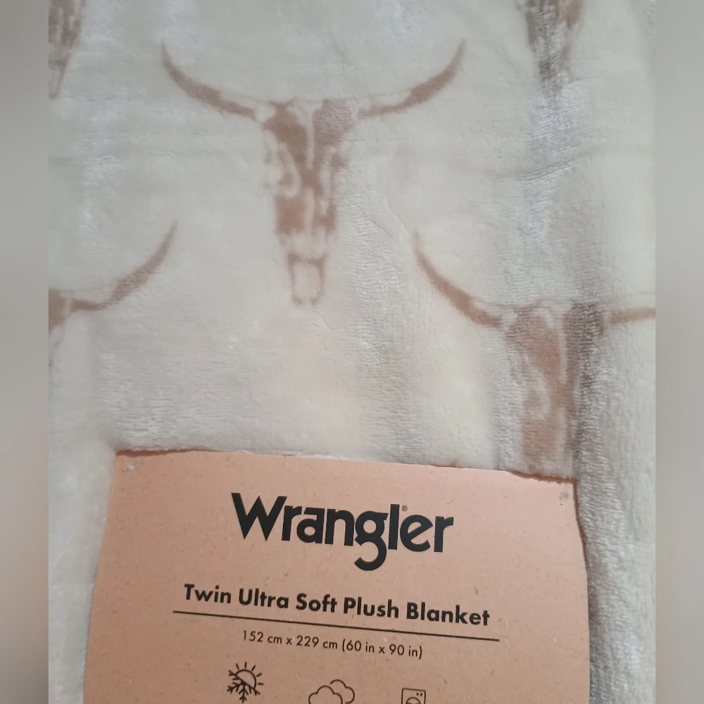 New Wrangler Bull Skull Print Western Cream & Brown Twin Blanket 60x90