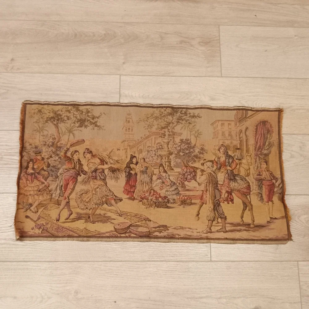 vintage Belgian wall hanging tapestry depicting dancing celebration town square