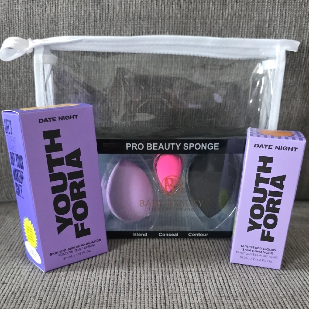 Youthforia Date Night Foundation And Skin Enhancer Set With Beauty Sponges, New.