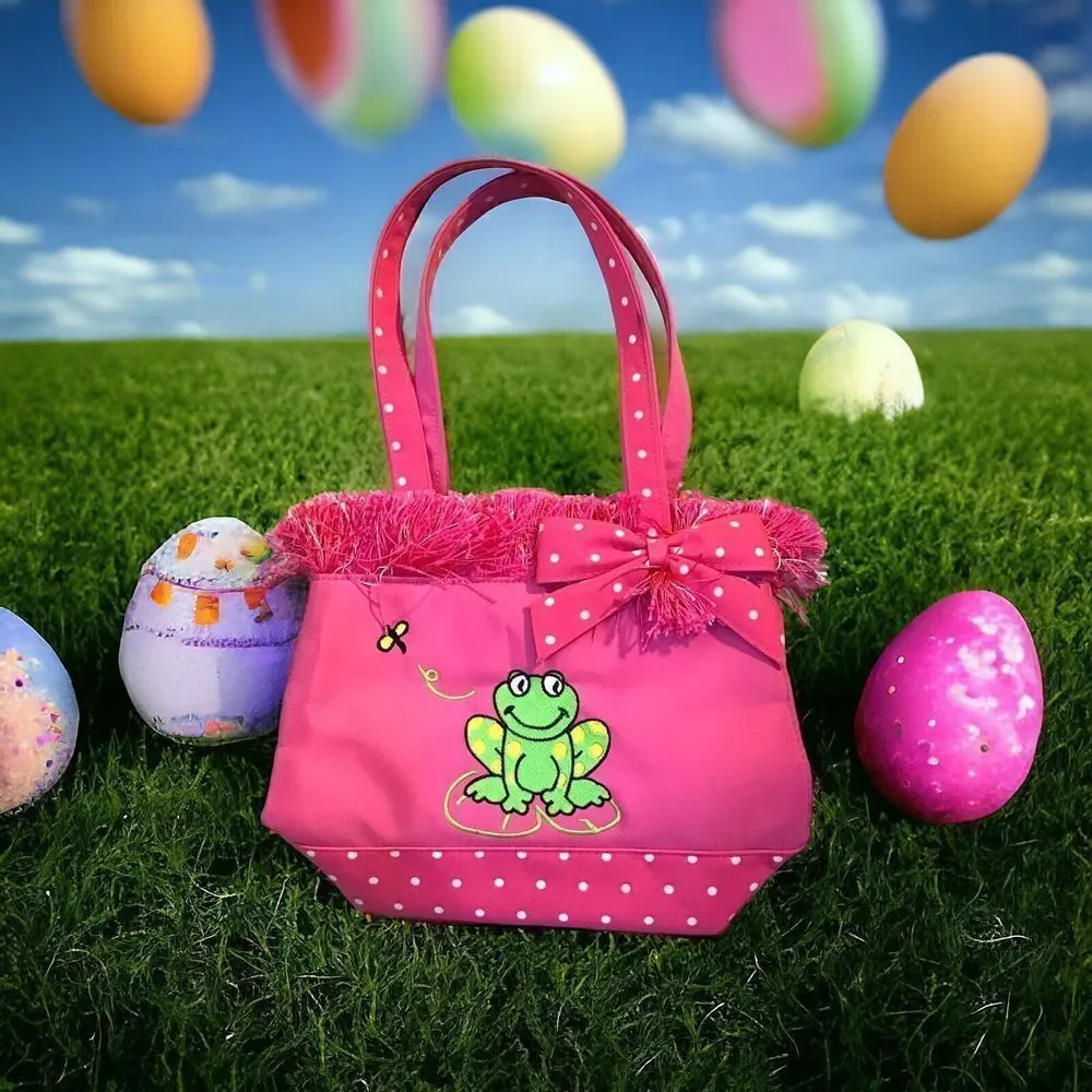 Pink Frog Tote Bag | Kids Purse | Polka Dots & Bow | Cute Girls Bag