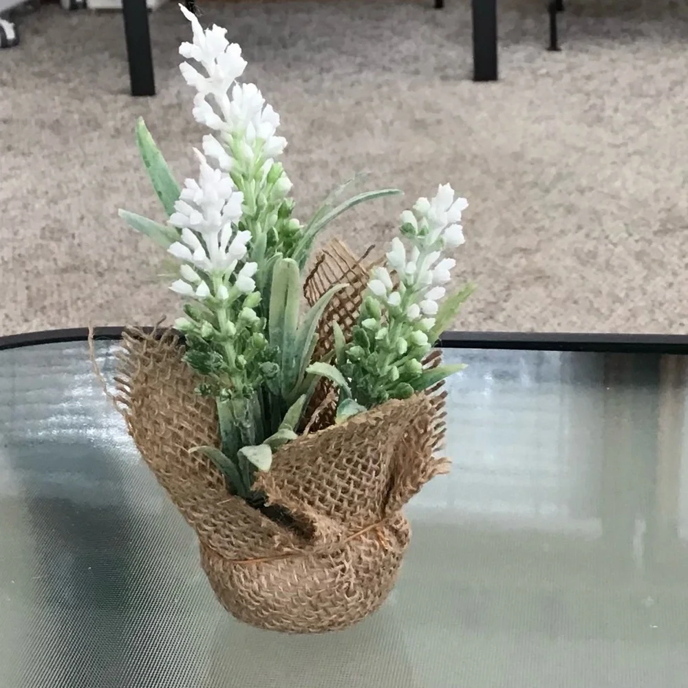 Lavender Faux Floral Arrangement in Burlap Wrap