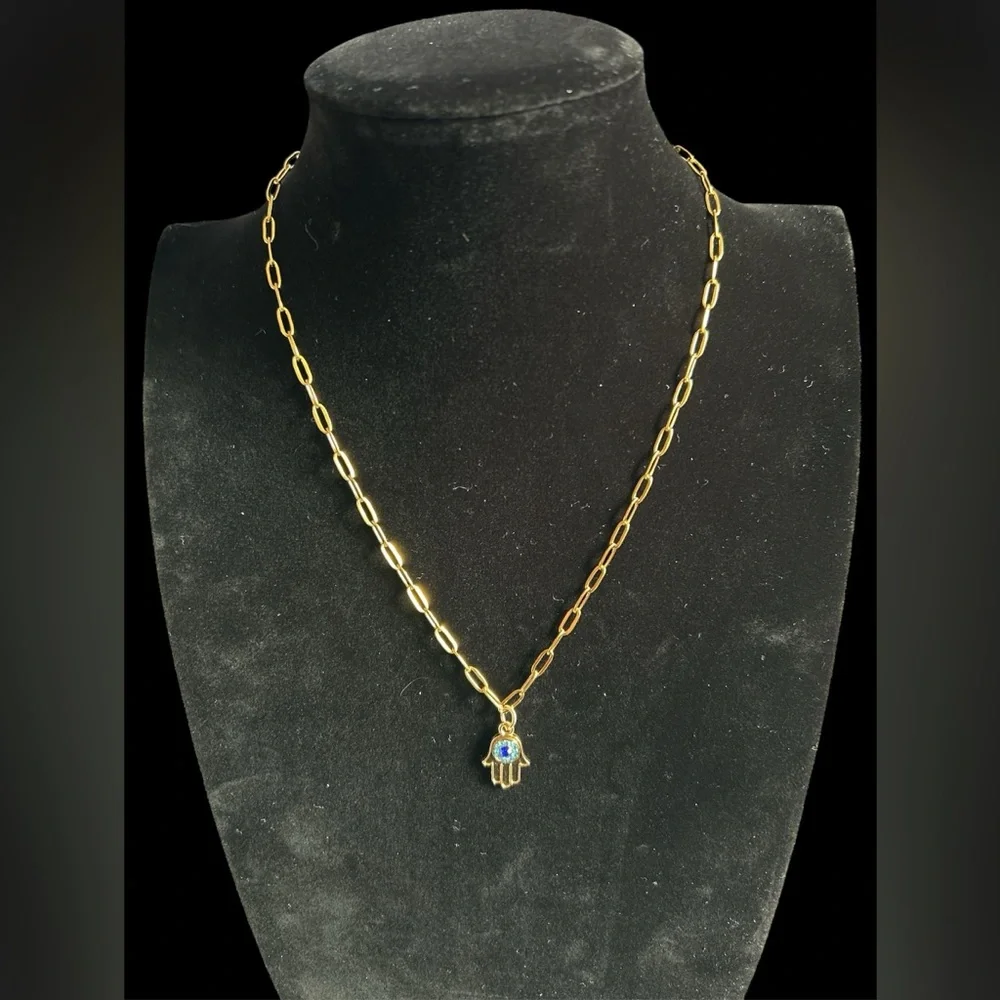 Hamsa Hand Evil Eye Gold Tone Necklace Dainty Paperclip Chain Charm Jewelry