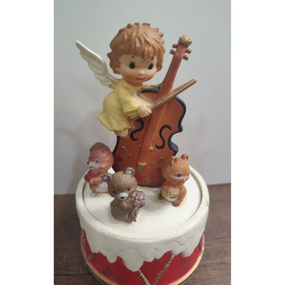 Vtg Hand Painted Revolving Musical Angel Squirrels Teddy Bear Music Box Works