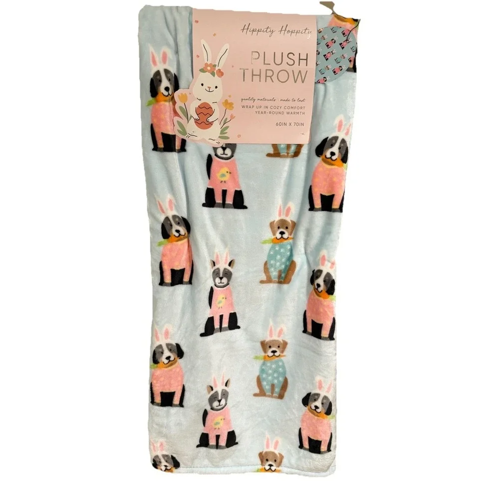 Hippity Hoppity Easter Dogs with Bunny Rabbit Ears plush blanket throw 60x70