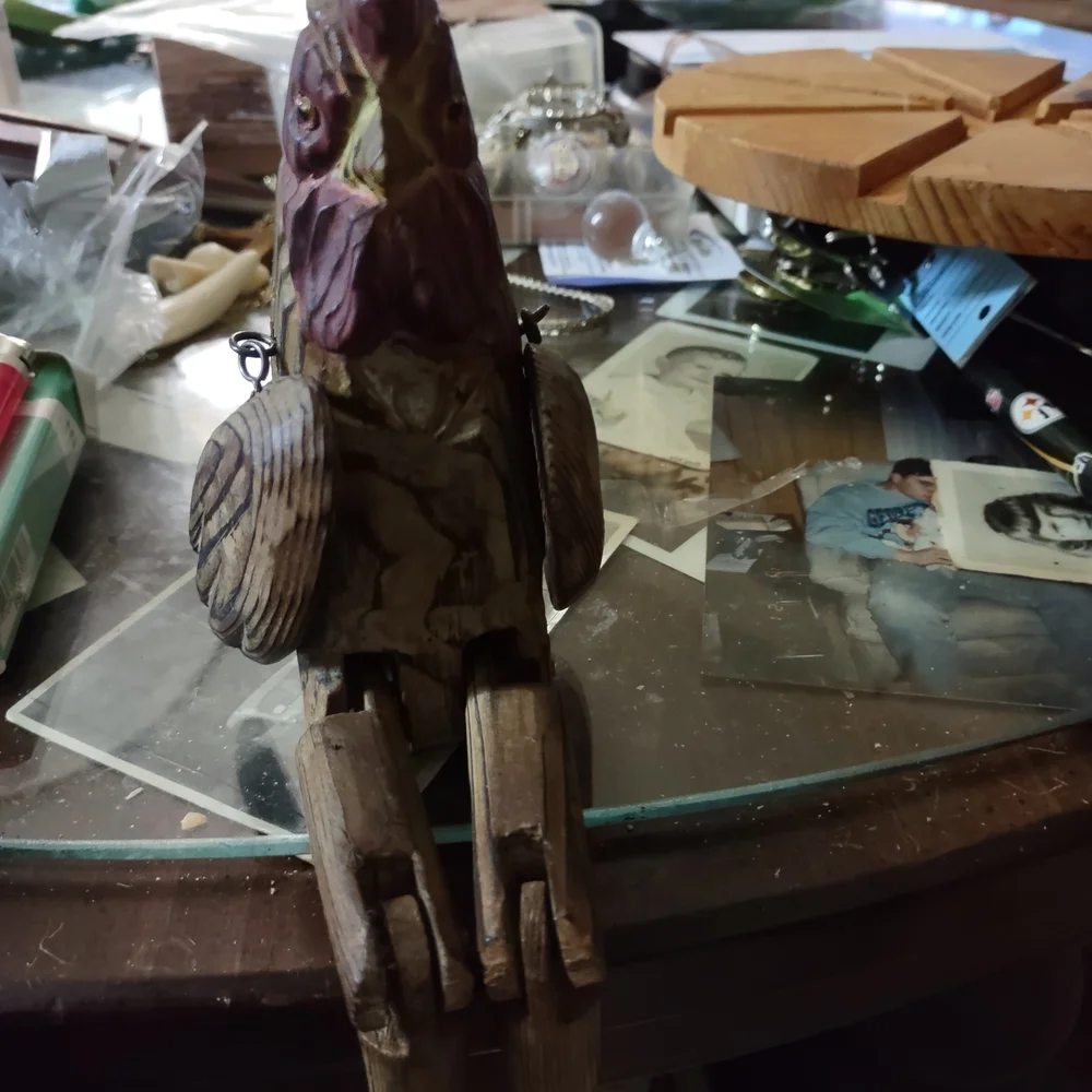 Wooden Bird Figurine with Purple and Brown Accents