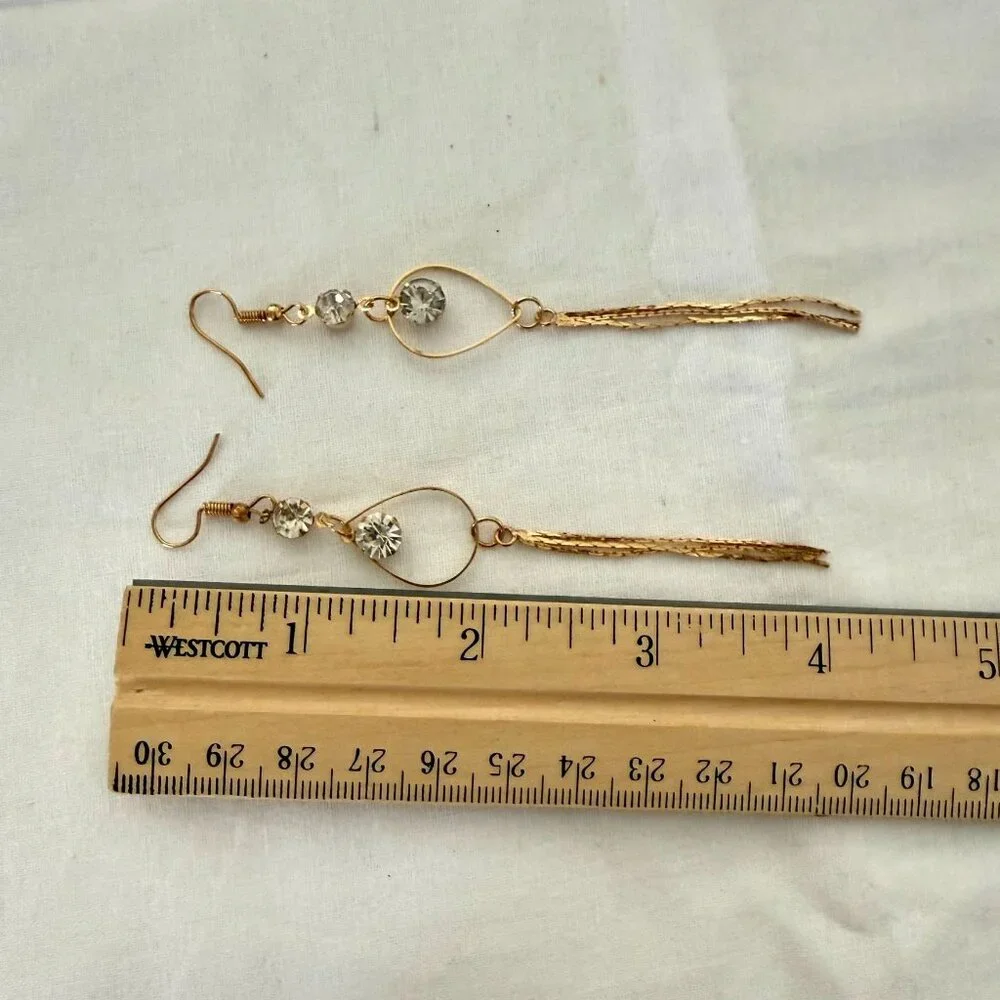 Gold Dangling Earrings With Teardrop Design And Rhinestones Long Chain Tassels