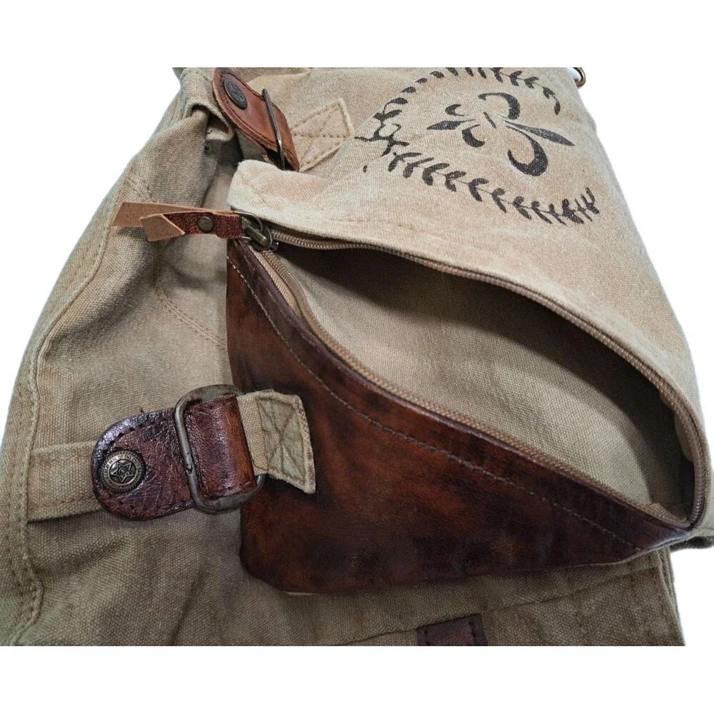 Canvas Leather Brown Messenger Bag Purse Oklahoma Fleur De Lis Khaki